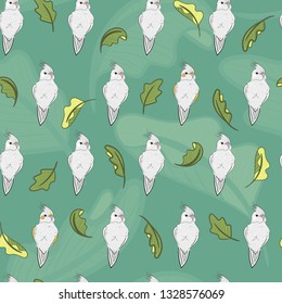 Cute cockatiel jungle seamless pattern. Pop-illustration of cute birds and tropical leaves. Animal themed pattern for fabrics, children, wall hangings, gift wrap, stationary, and interior design.