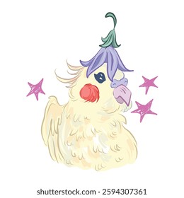 
cute cockatiel parrot, with a flower on head. Nymphicus. funny beautiful vector illustration.