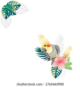 Cute cockatiel parrot sit with green leaves and pink flowers. Cartoon animal design, flat vector illustration isolated on white background