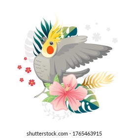 Cute cockatiel parrot sit with green leaves and pink flower. Cartoon animal design flat vector illustration isolated on white background