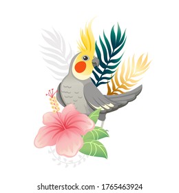 Cute cockatiel parrot sit with green leaves and pink flower. Cartoon animal design flat vector illustration isolated on white background