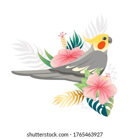 Cute cockatiel Papagei sitzt auf grünen Blättern und rosafarbener Blume. Cartoon-Tierdesign, flach, Vektorgrafik einzeln auf weißem Hintergrund