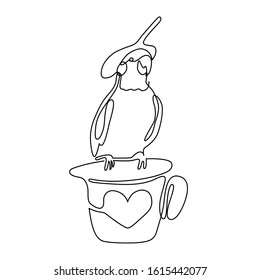 Cute cockatiel parrot sitting on a mug decorated with a heart. The parrot head is under the leaf. Hand drawn vector illustration isolated on white background. One line drawing, continuous line style.