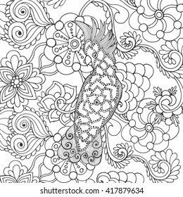 Cute cockatoo in fantasy flowers. Animals. Hand drawn doodle. Ethnic patterned illustration. African, indian, totem tatoo design. Sketch for avatar, tattoo, poster, print or t-shirt.