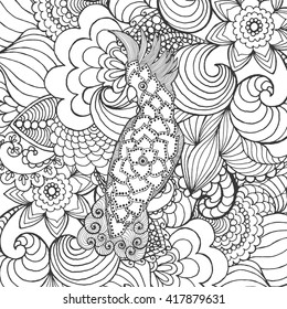 Cute cockatoo in fantasy garden. Animals. Hand drawn doodle. Ethnic patterned illustration. African, indian, totem tatoo design. Sketch for avatar, tattoo, poster, print or t-shirt.