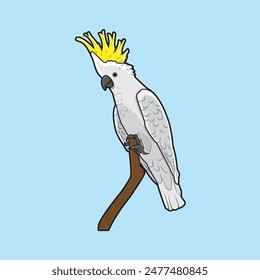 cute cockatoo parrot on tree branch, for logo or icon symbol exotic bird. simple flat design bird vector illustration