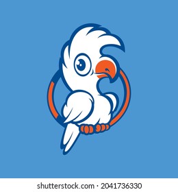 Cute cockatoo parrot with an orange beak is sitting on a ring. Vector illustration