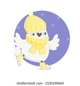 Cute cockatoo is skating. Cartoon parrot in kawaii style. Vector illustration.