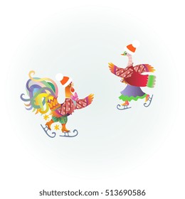 Cute cockerel and duck on the ice skating. Beautiful vector illustration. Greeting card.