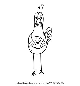 Cute cockerel with Easter cake, drawn in cartoon style. Drawn by hand. Coloring book. Easter sign symbol sketch. Design for posters, stickers. Vector stock illustration. Isolated white background