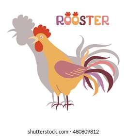 Cute cockerel with his shadow on a white background. Illustration in flat style. Rooster symbol of Chinese New Year. Cock crowing. Cock-a-doodle-doo