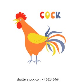 Cute cockerel on a white background. Illustration in flat style. Rooster symbol of Chinese New Year. Cock crowing. Cockadoodledoo 