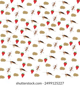 cute cockroach, ant with cookies and strawberry  as a pattern background