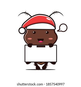cute cockroach carrying a white board wearing a santa claus hat