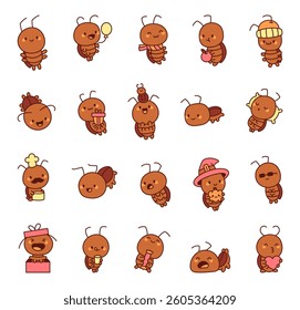 Cute cockroach character set showing different emotions, wearing fun outfits, holding food and drink, celebrating holidays, sleeping peacefully, and expressing love with adorable gestures