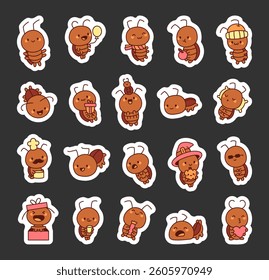 Cute cockroach character set showing different emotions, wearing fun outfits, holding food and drink, celebrating holidays, sleeping peacefully, and expressing love with adorable gestures