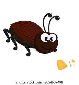 A cute cockroach looks at the bread crumbs