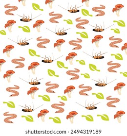 cute cockroach, worms with fungi and leaf as a pattern background