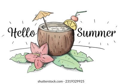 Cute Cocktail Coconut Drink With Umbrella And Leaves To Summer