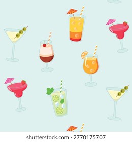 Cute Cocktail Drink Pattern on Blue Background Summer Party Seamless Design