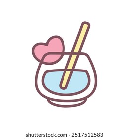 Cute cocktail glass icon. Hand drawn illustration of a blue cocktail decorated with a heart isolated on a white background. Kawaii St. Valentine day sticker. Vector 10 EPS.