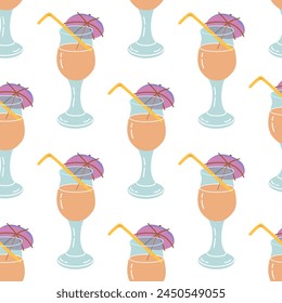 Cute cocktail with straw and umbrella, seamless pattern. Flat vector illustration of cocktail in glass isolated on white background. Doodle drawing.	