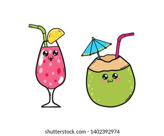 Cute cocktails set in Japan kawaii style. Happy juice and coconut cocktail cartoon characters with funny faces isolated on white background.