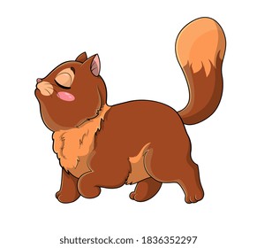 Cute cocky little cartoon cat with its tail held high and nose in the air walking in side view isolated on white, colored cartoon vector illustration