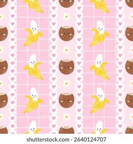 Cute coconut and banana vector seamless pattern in kawaii style. Exotic fruits and cheerful expressions, perfect for childrens wallpaper, organic packaging, or textile prints