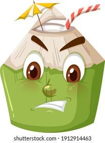 Cute coconut cartoon character with angry face expression on white background illustration