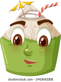 Cute coconut cartoon character with confused face expression on white background illustration
