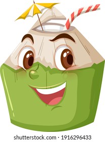 Cute coconut cartoon character with happy face expression on white background illustration
