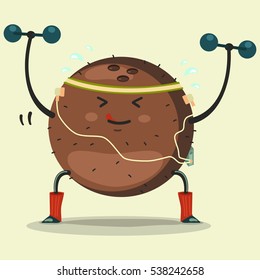 Cute Coconut cartoon character listening to music in headphones and doing exercises with dumbbells. Eating healthy and fitness. Flat retro style concept illustration.