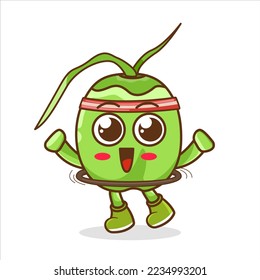 cute coconut cartoon is playing hula hoop