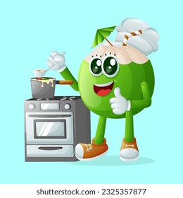 Cute coconut character cooking on a stove. Perfect for kids, merchandise and sticker, banner promotion or blog
