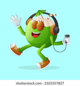 Cute coconut character listening to music. Perfect for kids, merchandise and sticker, banner promotion or blog
