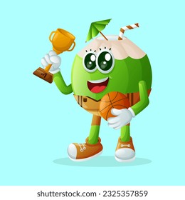 Cute coconut character playing basketball. Perfect for kids, merchandise and sticker, banner promotion or blog
