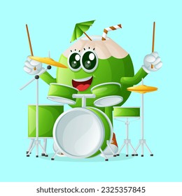 Cute coconut character playing drum. Perfect for kids, merchandise and sticker
