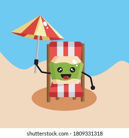 Cute coconut character sitting and holding umbrella, traveling, summer vacation symbol, cartoon vector illustration isolated on yellow and coconut background, mascot, holiday concept.