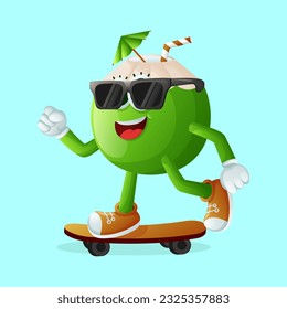 Cute coconut character skateboarding. Perfect for kids, merchandise and sticker, banner promotion or blog
