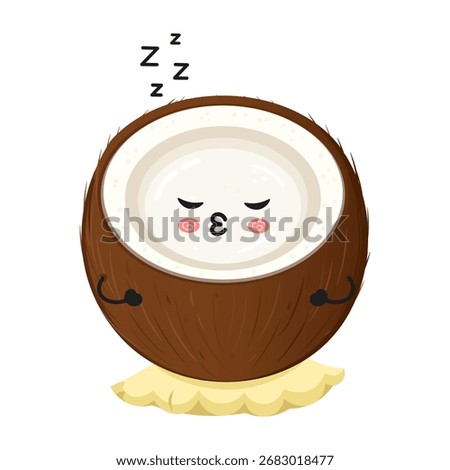 Cute coconut character sleeping on a pile of sand, showing a peaceful and relaxed tropical summer dream