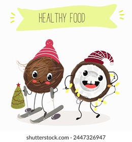 Cute coconut characters, funny fruits, characters with different activities. Flat vector illustration. Organic food, healthy food, illustrations for kids menu, invitations.