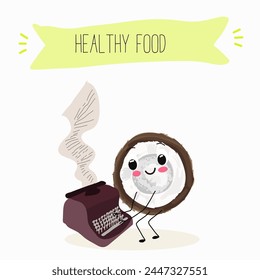 Cute coconut characters, funny fruits, characters with different activities. Flat vector illustration. Organic food, healthy food, illustrations for kids menu, invitations.
