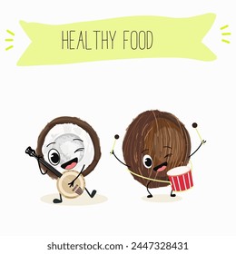 Cute coconut characters, funny fruits, characters with different activities. Flat vector illustration. Organic food, healthy food, illustrations for kids menu, invitations.