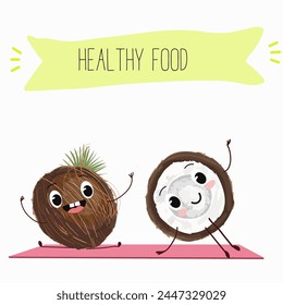 Cute coconut characters, funny fruits, characters with different activities. Flat vector illustration. Organic food, healthy food, illustrations for kids menu, invitations.