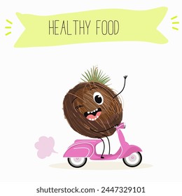 Cute coconut characters, funny fruits, characters with different activities. Flat vector illustration. Organic food, healthy food, illustrations for kids menu, invitations.