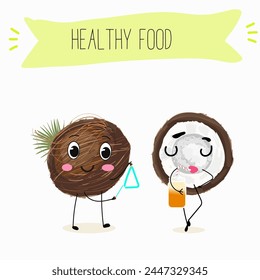 Cute coconut characters, funny fruits, characters with different activities. Flat vector illustration. Organic food, healthy food, illustrations for kids menu, invitations.