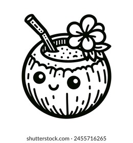 cute coconut cocktail line drawing