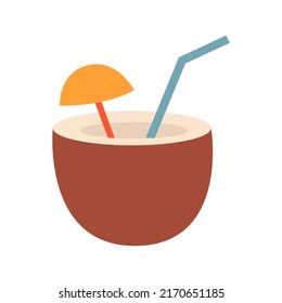 Cóctel de coco con paja. Ilustración de verano vectorial en estilo plano sobre fondo aislado