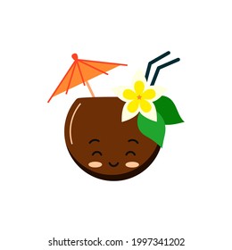 Cute coconut coctail with straw, flower and umbrella emoticon isolated on white background. Tropical smiling drink emoji with face in half of coconut vector flat design illustration.